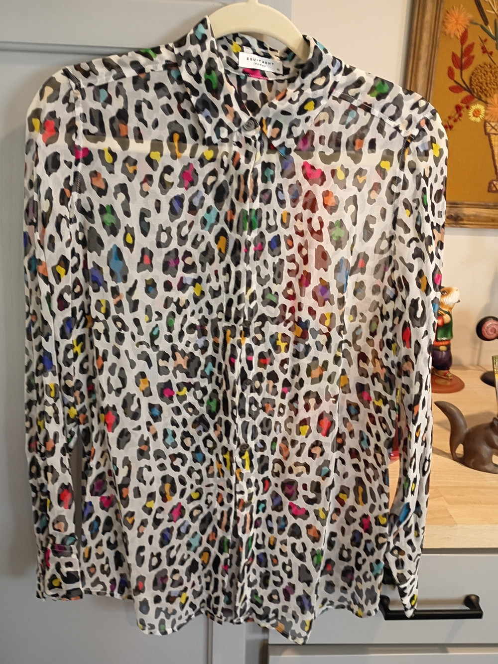 Equipment Multicolor Leopard Print Button-Front Blouse on White